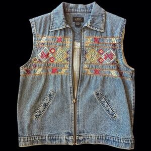 Hand painted Vintage Embroidered Denim Vest with Colorful Patterns